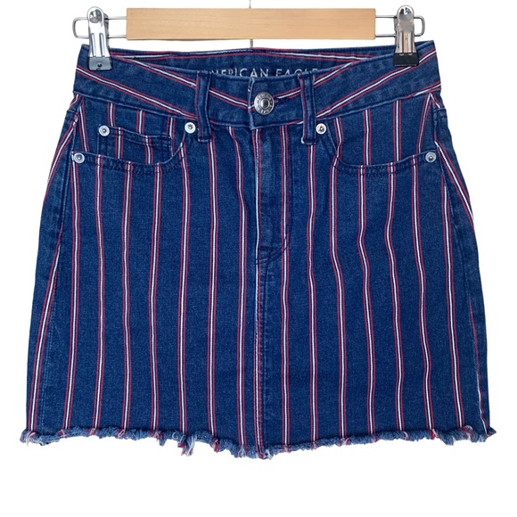 American Eagle Outfitters Dresses & Skirts - American Eagle Women’s High Rise Mini Striped Raw Hem Stretch Denim Skirt Size 0